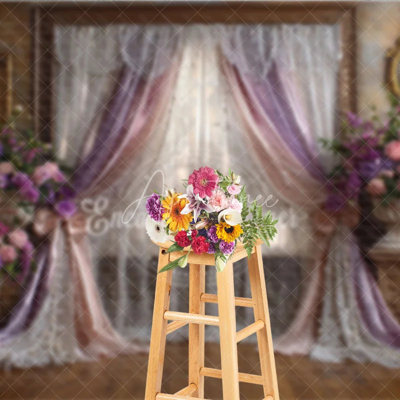 Aperturee - Aperturee Lavender and Pink Floral Drapes Photography Backdrop Vintage Window Scene for Romantic Portraits and Events