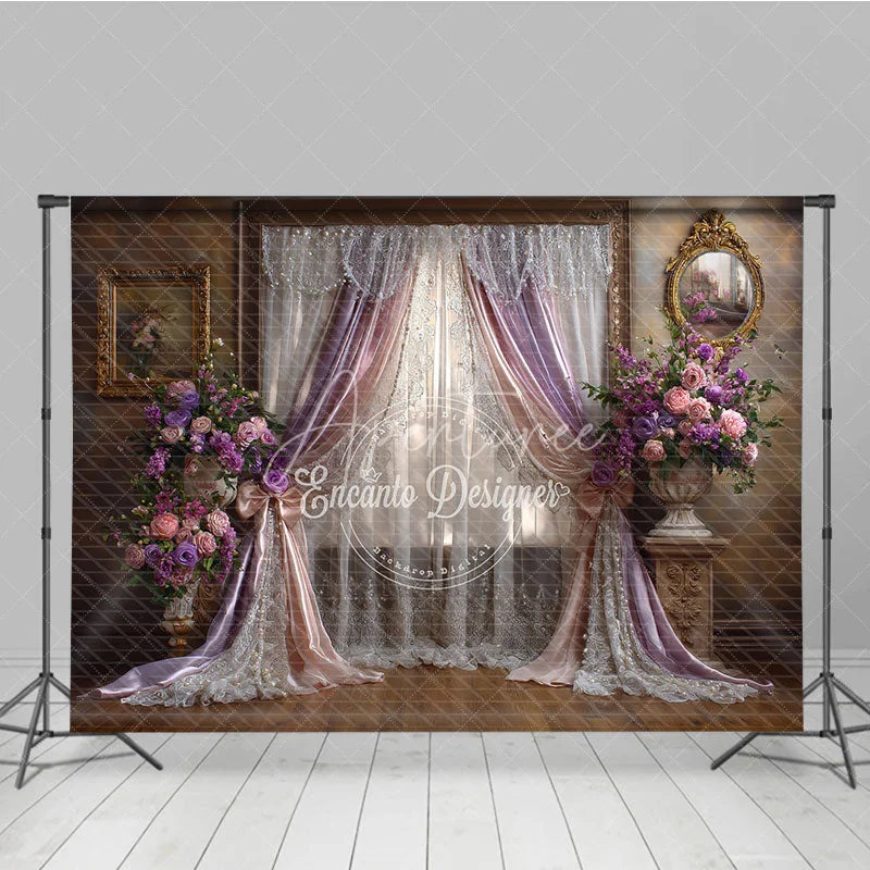 Aperturee - Aperturee Lavender and Pink Floral Drapes Photography Backdrop Vintage Window Scene for Romantic Portraits and Events