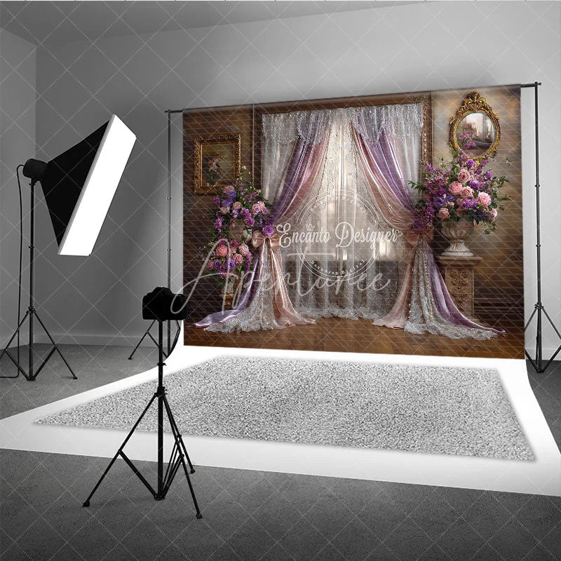 Aperturee - Aperturee Lavender and Pink Floral Drapes Photography Backdrop Vintage Window Scene for Romantic Portraits and Events
