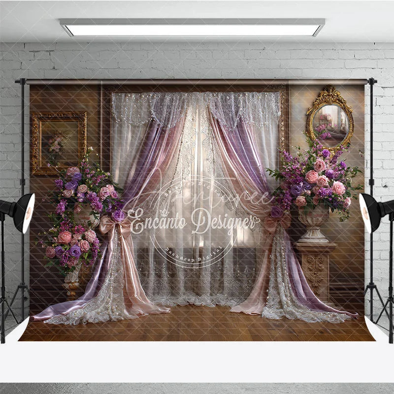 Aperturee - Aperturee Lavender and Pink Floral Drapes Photography Backdrop Vintage Window Scene for Romantic Portraits and Events