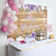 Aperturee - Aperturee Lavender Floral Wooden Light Happy Birthday Backdrop