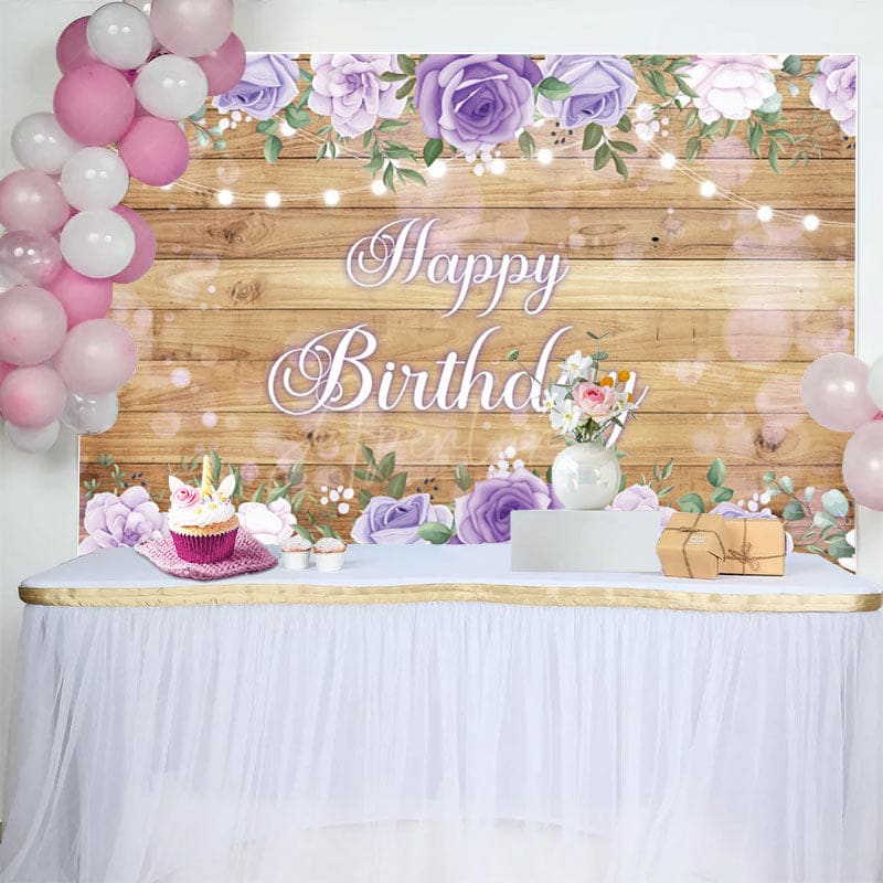 Aperturee - Aperturee Lavender Floral Wooden Light Happy Birthday Backdrop