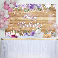 Aperturee - Aperturee Lavender Floral Wooden Light Happy Birthday Backdrop