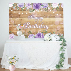 Aperturee - Aperturee Lavender Floral Wooden Light Happy Birthday Backdrop
