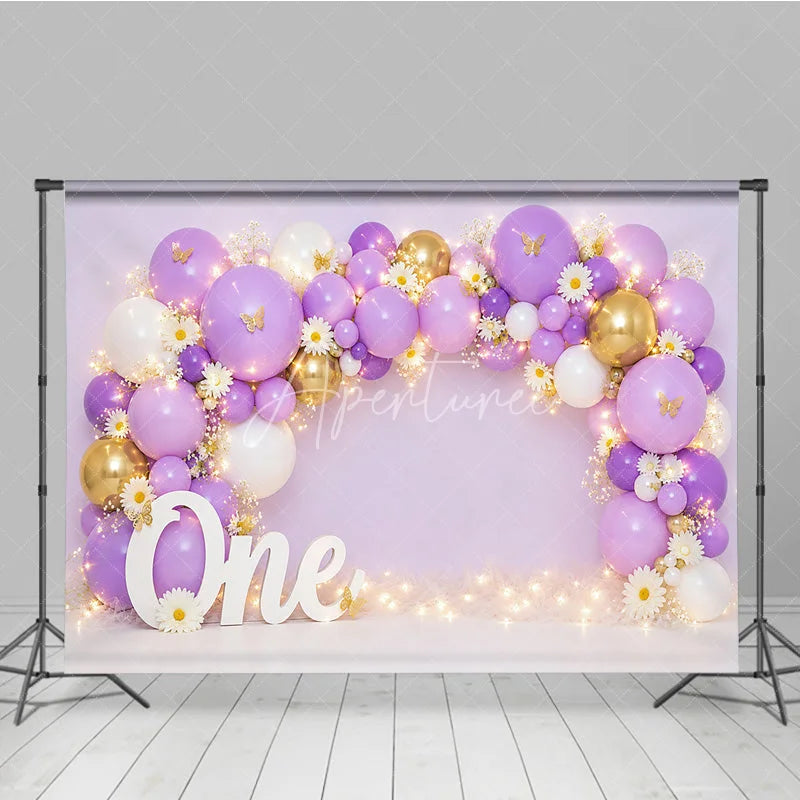 Aperturee - Aperturee Lavender Purple and Gold Balloon Arch Photography Backdrop with Daisies Butterflies for First Birthday Party