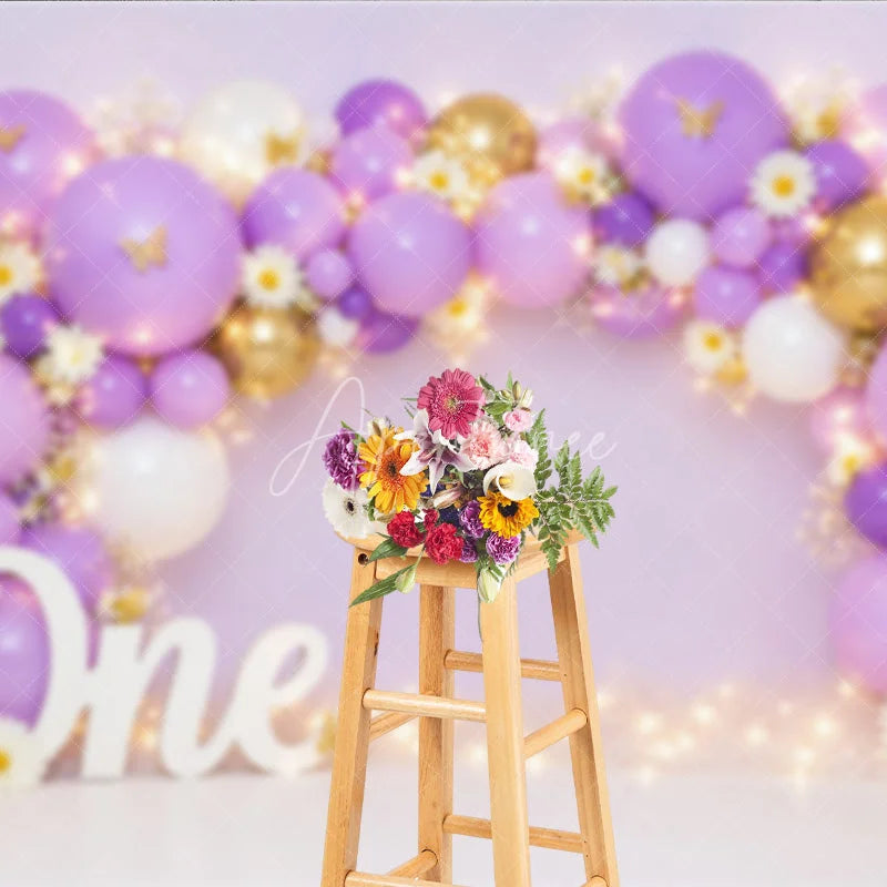 Aperturee - Aperturee Lavender Purple and Gold Balloon Arch Photography Backdrop with Daisies Butterflies for First Birthday Party