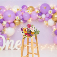 Aperturee - Aperturee Lavender Purple and Gold Balloon Arch Photography Backdrop with Daisies Butterflies for First Birthday Party