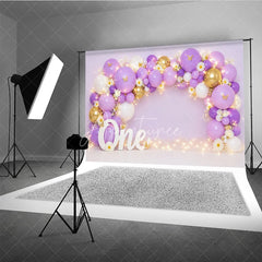 Aperturee - Aperturee Lavender Purple and Gold Balloon Arch Photography Backdrop with Daisies Butterflies for First Birthday Party