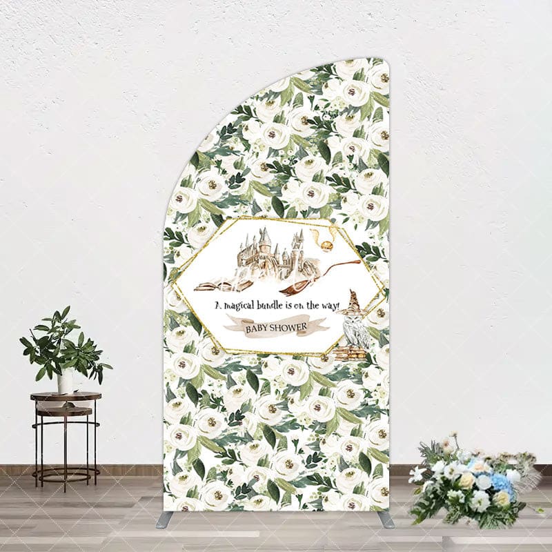 Aperturee - Aperturee Leaves White Floral Magic Arch Baby Shower Backdrop