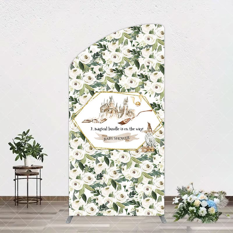 Aperturee - Aperturee Leaves White Floral Magic Arch Baby Shower Backdrop