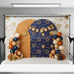 Aperturee - Aperturee Leo Zodiac Cake Smash Backdrop Navy and Orange Lion Party Background for Roar Birthday