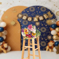 Aperturee - Aperturee Leo Zodiac Cake Smash Backdrop Navy and Orange Lion Party Background for Roar Birthday