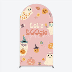 Aperturee - Aperturee Let’s Boogie Groovy Halloween Arch Backdrop Cute Retro Ghost and Pumpkin Pink Spooky Themed Party Decor