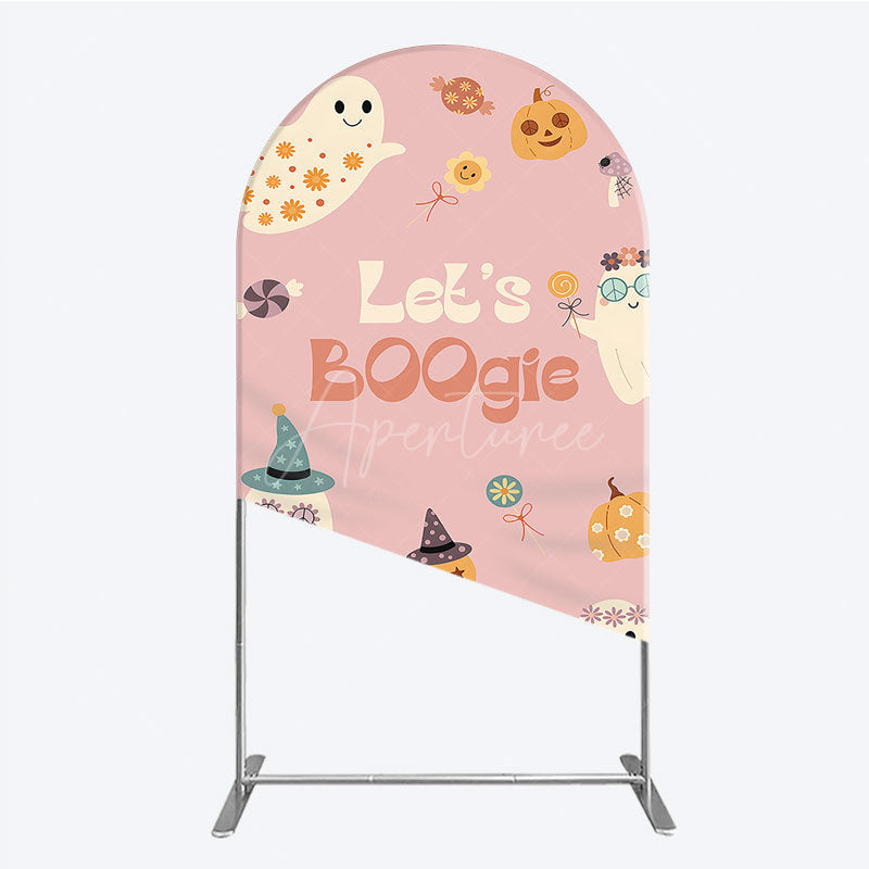 Aperturee - Aperturee Let’s Boogie Groovy Halloween Arch Backdrop Cute Retro Ghost and Pumpkin Pink Spooky Themed Party Decor