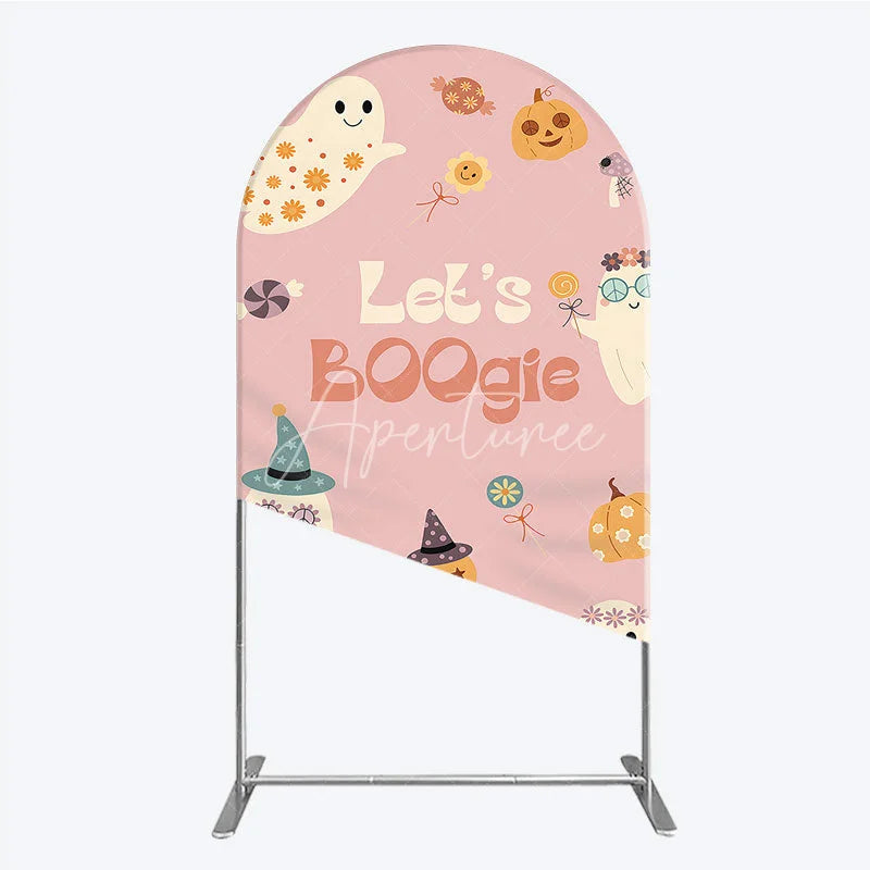 Aperturee - Aperturee Let’s Boogie Groovy Halloween Arch Backdrop Cute Retro Ghost and Pumpkin Pink Spooky Themed Party Decor