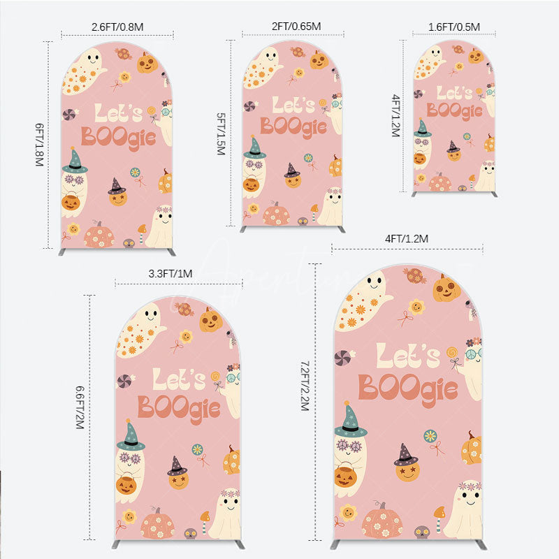 Aperturee - Aperturee Let’s Boogie Groovy Halloween Arch Backdrop Cute Retro Ghost and Pumpkin Pink Spooky Themed Party Decor