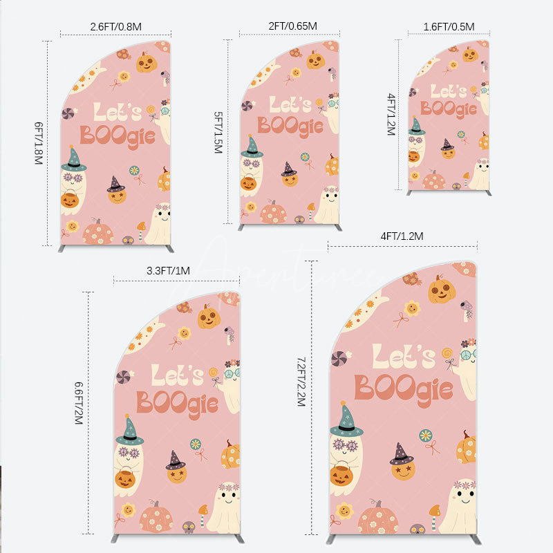 Aperturee - Aperturee Let’s Boogie Groovy Halloween Half Moon Arch Backdrop Cute Retro Ghost and Pumpkin Pink Spooky Themed Party Decor