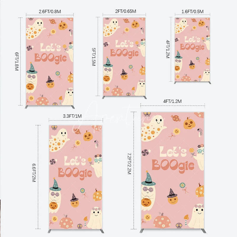 Aperturee - Aperturee Let’s Boogie Groovy Halloween Rectangle Backdrop Cute Retro Ghost and Pumpkin Pink Spooky Themed Party Decor