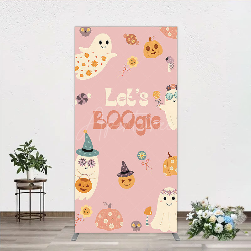 Aperturee - Aperturee Let’s Boogie Groovy Halloween Rectangle Backdrop Cute Retro Ghost and Pumpkin Pink Spooky Themed Party Decor