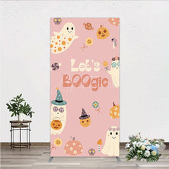 Aperturee - Aperturee Let’s Boogie Groovy Halloween Rectangle Backdrop Cute Retro Ghost and Pumpkin Pink Spooky Themed Party Decor