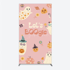 Aperturee - Aperturee Let’s Boogie Groovy Halloween Rectangle Backdrop Cute Retro Ghost and Pumpkin Pink Spooky Themed Party Decor
