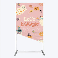 Aperturee - Aperturee Let’s Boogie Groovy Halloween Rectangle Backdrop Cute Retro Ghost and Pumpkin Pink Spooky Themed Party Decor