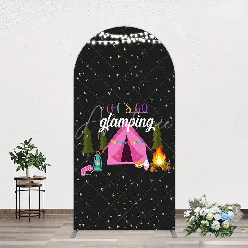 Aperturee - Aperturee Let’s Go Glamping Arched Backdrop Pink Tent and Stars for Girls Camping Party Sleepover Photo Booth Decor