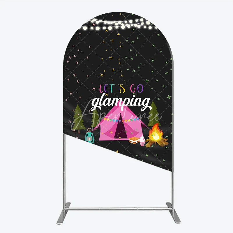 Aperturee - Aperturee Let’s Go Glamping Arched Backdrop Pink Tent and Stars for Girls Camping Party Sleepover Photo Booth Decor