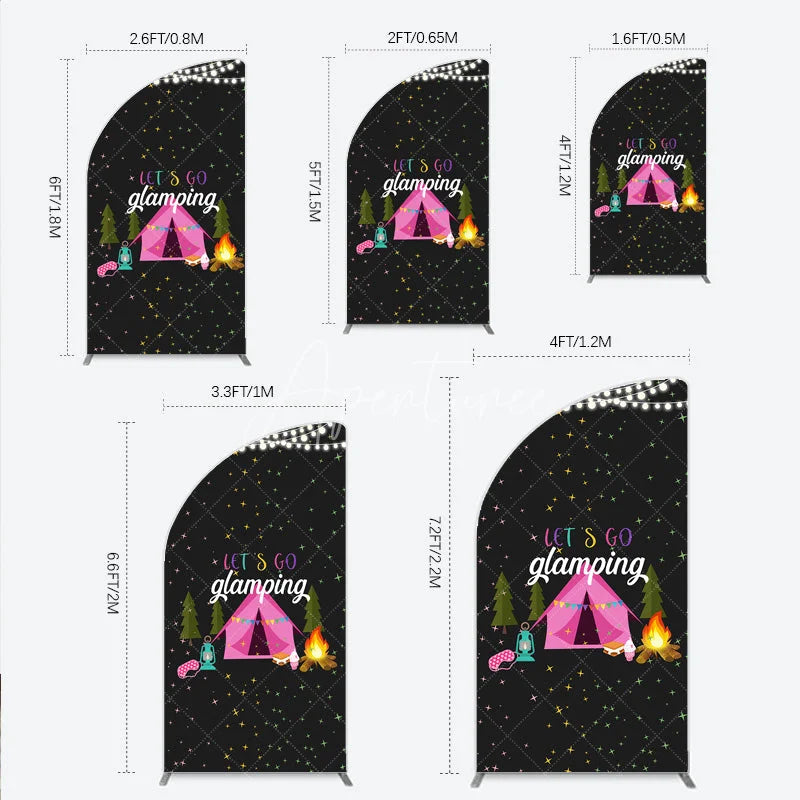 Aperturee - Aperturee Let’s Go Glamping Half Moon Arched Backdrop Pink Tent and Stars for Girls Camping Party Sleepover Photo Booth Decor