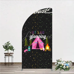 Aperturee - Aperturee Let’s Go Glamping Half Moon Arched Backdrop Pink Tent and Stars for Girls Camping Party Sleepover Photo Booth Decor