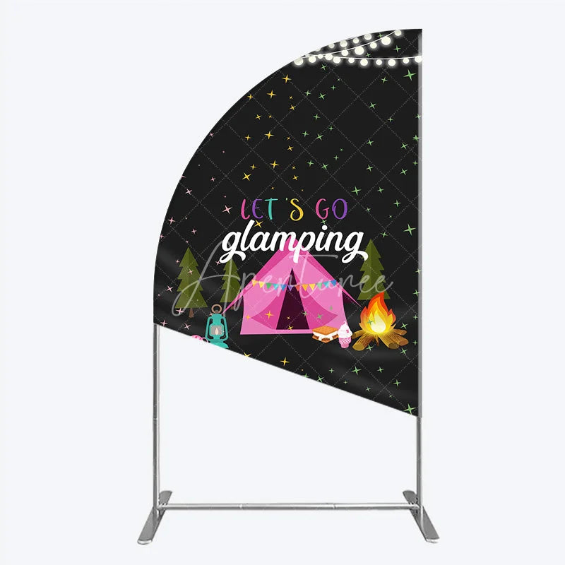 Aperturee - Aperturee Let’s Go Glamping Half Moon Arched Backdrop Pink Tent and Stars for Girls Camping Party Sleepover Photo Booth Decor