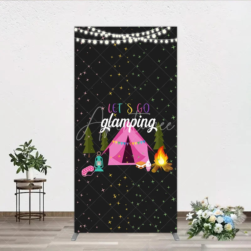 Aperturee - Aperturee Let’s Go Glamping Rectangleed Backdrop Pink Tent and Stars for Girls Camping Party Sleepover Photo Booth Decor