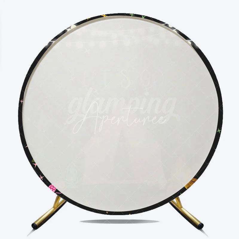 Aperturee - Aperturee Let’s Go Glamping Round Backdrop for Birthday Girls Sleepover Party with Tent Campfire and String Lights Decor