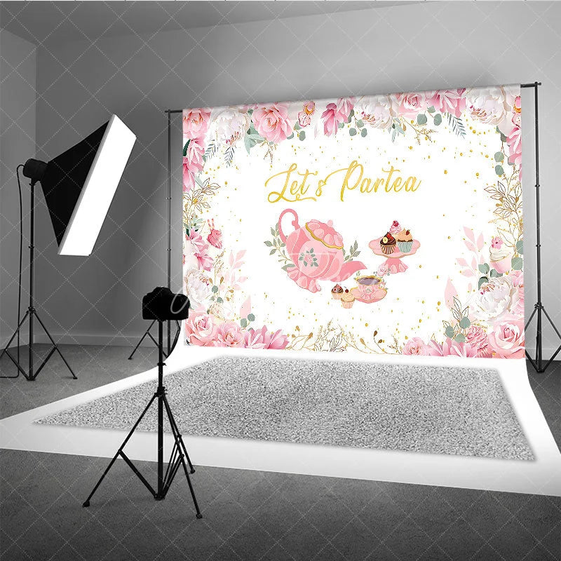Aperturee - Aperturee Let’s Partea Tea Party Backdrop Pink Teapot Floral Rose and Cupcake Girl Birthday Party Background