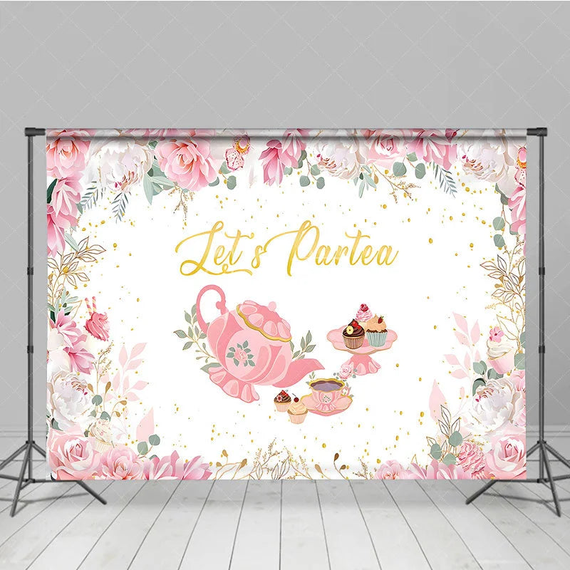 Aperturee - Aperturee Let’s Partea Tea Party Backdrop Pink Teapot Floral Rose and Cupcake Girl Birthday Party Background