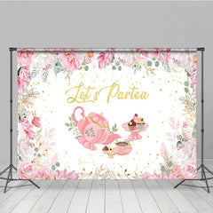 Aperturee - Aperturee Let’s Partea Tea Party Backdrop Pink Teapot Floral Rose and Cupcake Girl Birthday Party Background