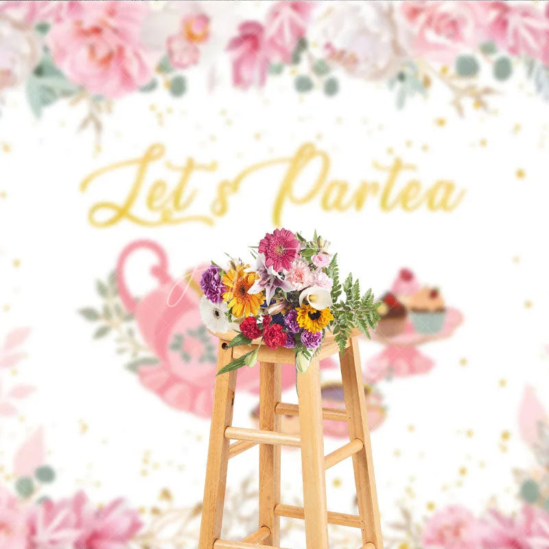Aperturee - Aperturee Let’s Partea Tea Party Backdrop Pink Teapot Floral Rose and Cupcake Girl Birthday Party Background