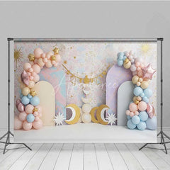 Aperturee - Aperturee Libra Zodiac Cake Smash Backdrop Scales and Pastel Clouds Party Background for Kids Birthday