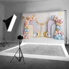 Aperturee - Aperturee Libra Zodiac Cake Smash Backdrop Scales and Pastel Clouds Party Background for Kids Birthday