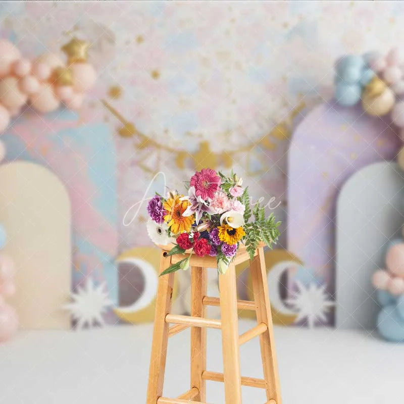 Aperturee - Aperturee Libra Zodiac Cake Smash Backdrop Scales and Pastel Clouds Party Background for Kids Birthday