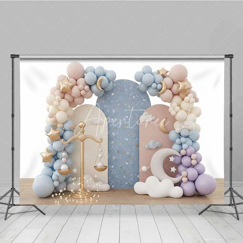Aperturee - Aperturee Libra Zodiac Photography Backdrop Gold Scales and Pastel Clouds Birthday Party Background