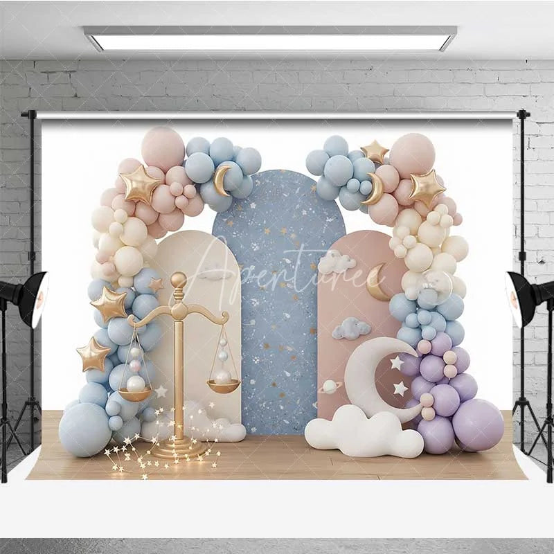 Aperturee - Aperturee Libra Zodiac Photography Backdrop Gold Scales and Pastel Clouds Birthday Party Background