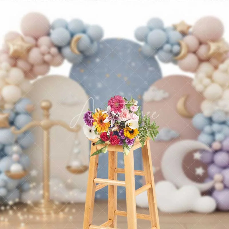 Aperturee - Aperturee Libra Zodiac Photography Backdrop Gold Scales and Pastel Clouds Birthday Party Background