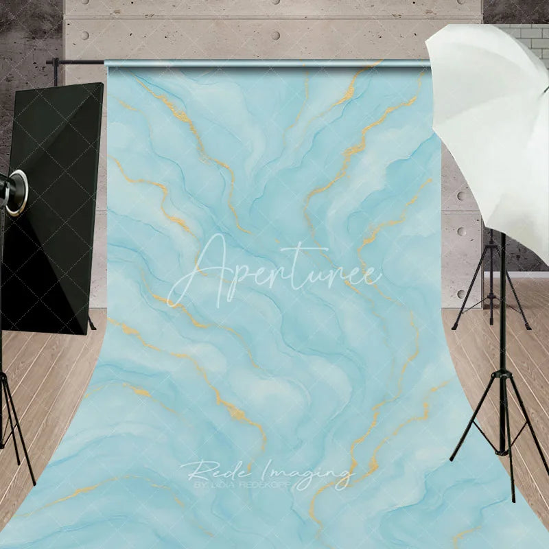 Aperturee - Aperturee Light Blue and Gold Abstract Watercolor Fluid Sweep Backdrop Elegant Marble Texture for Photography Studio