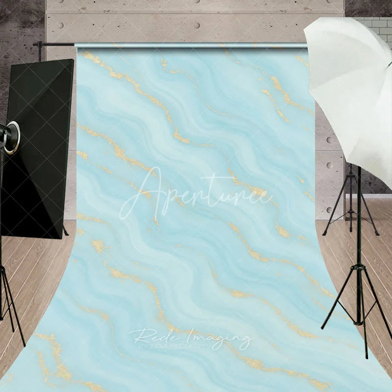 Aperturee - Aperturee Light Blue and Gold Glitter Wavy Sweep Backdrop Abstract Marble Texture Photography
