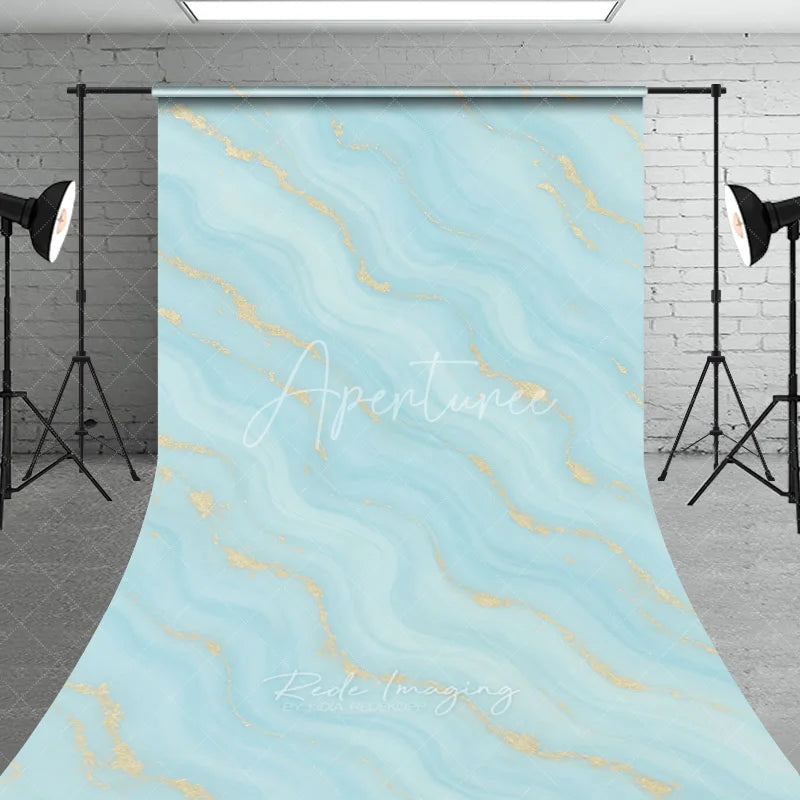 Aperturee - Aperturee Light Blue and Gold Glitter Wavy Sweep Backdrop Abstract Marble Texture Photography