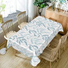 Aperturee - Aperturee Light Blue and White Botanical Leaf Rectangle Tablecloth for Serene and Modern Spring Dining Decor