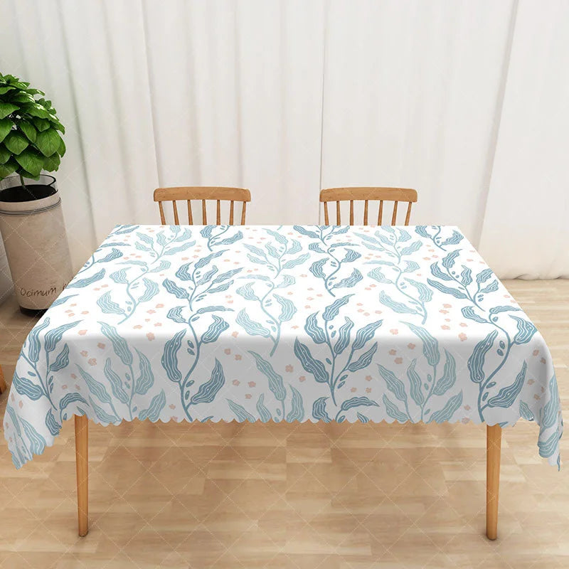 Aperturee - Aperturee Light Blue and White Botanical Leaf Rectangle Tablecloth for Serene and Modern Spring Dining Decor