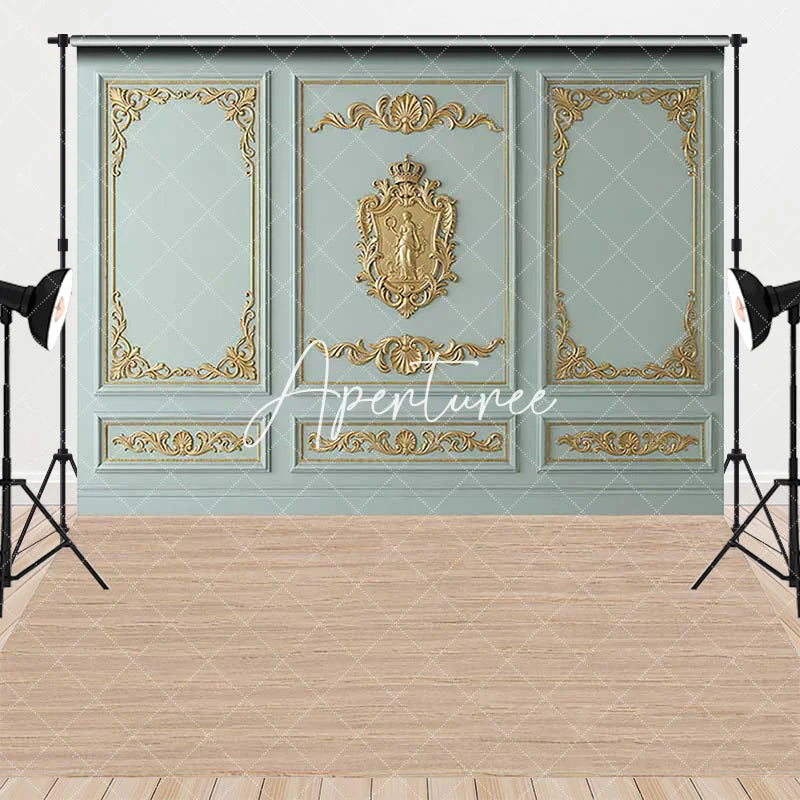 Aperturee - Aperturee Light Blue-Green and Gold Ornate Royal Crest Combo Set Backdrop Classic Elegant Photography Studio Prop