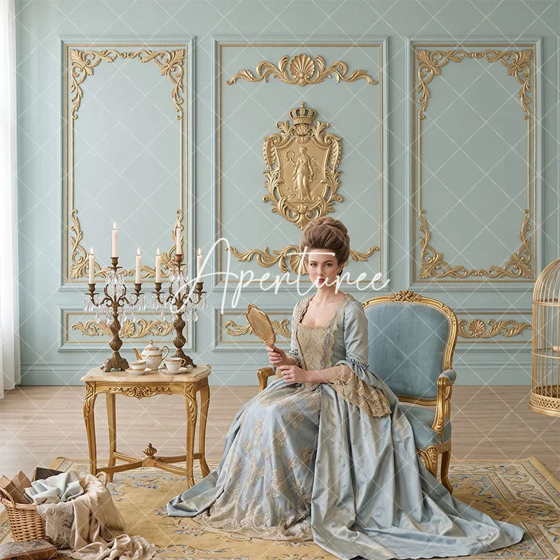 Aperturee - Aperturee Light Blue-Green and Gold Ornate Royal Crest Combo Set Backdrop Classic Elegant Photography Studio Prop